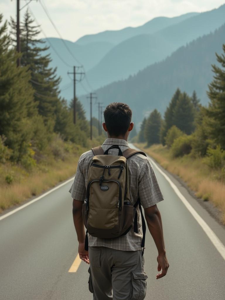 A man walking on a deserted road surrounded by mountains and trees.