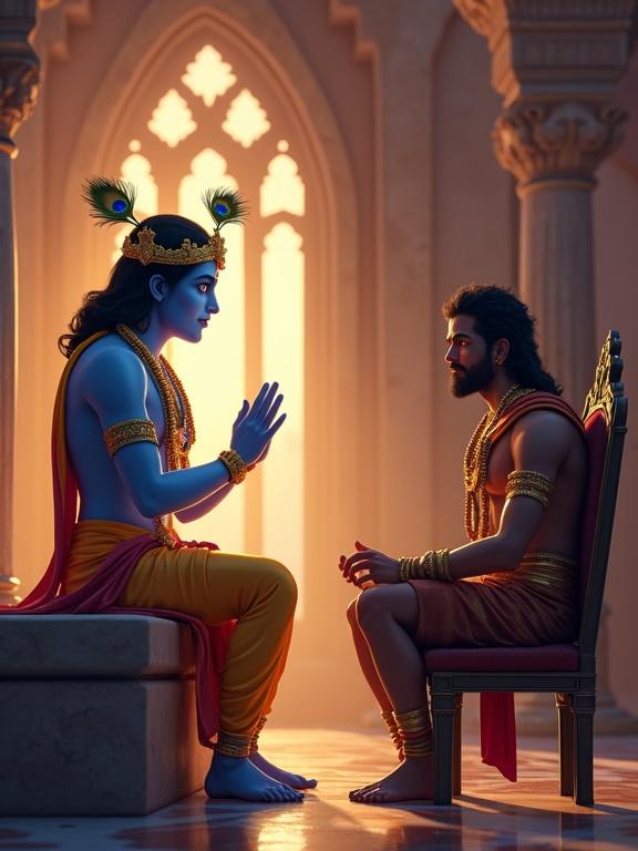 Detailed 3D pixel art scene depicting Lord Krishna and Karna in an emotional dialogue inside a royal chamber. Krishna glows with divine light underneath ornate palace windows. He wears a golden crown and peacock feather. Karna sits opposite him in royal armor with a shocked expression. Lighting dramatically reflects tension of the moment. Captures significant revelation of Krishna revealing truth to Karna.