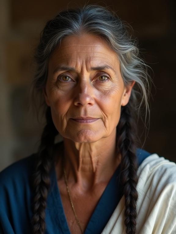 Cinematic portrait of a wise Israelite woman with graying braids. Strong, discerning brown eyes. Deep blue and white linen robes. A resolute expression indicating wisdom and acceptance. Blurred background emphasizes her powerful presence.