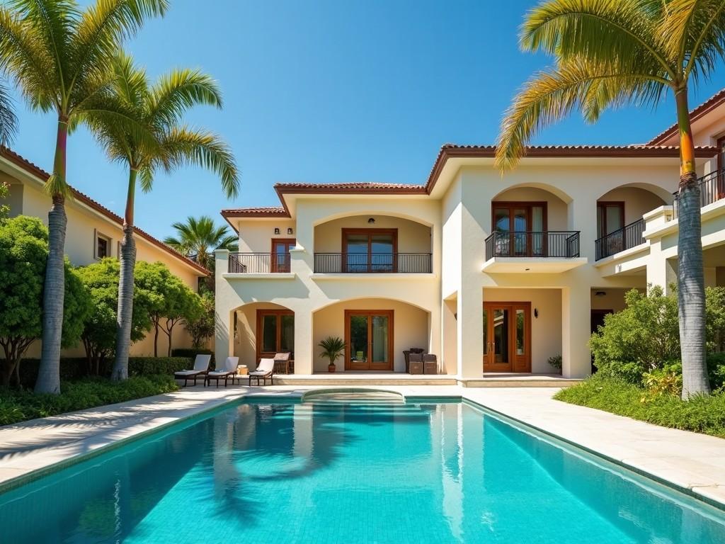 The image features a beautiful villa by the pool, showcasing a sunny atmosphere. The villa is painted in soft colors, with large windows and wooden doors visible. Surrounding the property are tall palm trees, enhancing the tropical vibe. The pool reflects the clear blue sky and the villa's features, adding to the serene setting. In the foreground, the pool's edge has a curved design, while the area is surrounded by lush greenery and well-kept plants. The entire scene evokes a sense of relaxation and luxury.