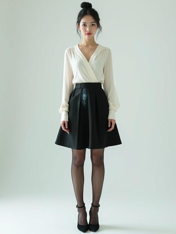 Full-body view of a stylish East Asian female dressed in pearl-white chiffon blouse and black knee-length skirt. She wears sheer black pantyhose and black block-heel shoes. Black hair is neatly styled. The image suggests a cyborg theme with visible mechanical components.