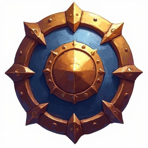 Icon representation of a round shield styled like World of Warcraft. Icon representation of a magic shield designed for a card game. Icon of a royal shield with a paint style. Transparent background.