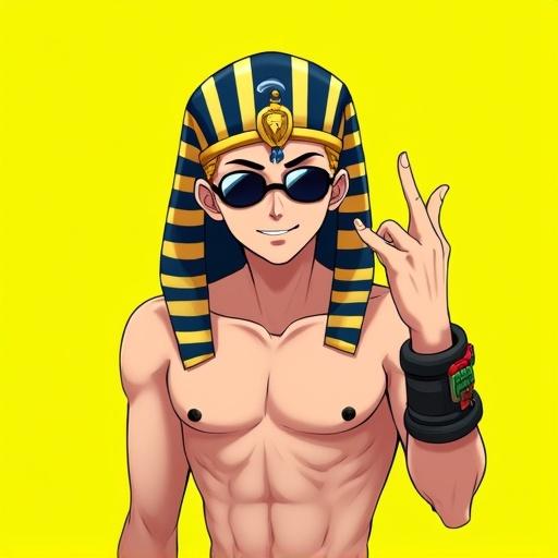 Young male anime character centered in the image. He wears stylized Egyptian headdress with a gold and navy blue striped pattern. Character has a playful expression with sunglasses and is shirtless. He has a toned body and black arm band with green and red item. He shows finger as if displaying a ring. Background is a bright neon yellow. Cartoonish style with exaggerated features. Bright lighting emphasizes form and accessories. Dynamic composition draws attention to character's actions. Overall atmosphere is energetic and playful.