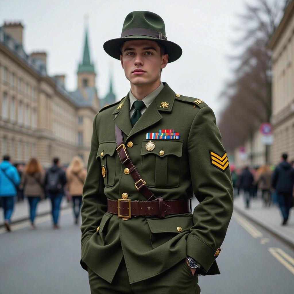 A young man wearing a military uniform stands on a city street. Modern buildings and people walking by are in the background. He poses confidently with a serious expression. The uniform is green with medals and a sash.