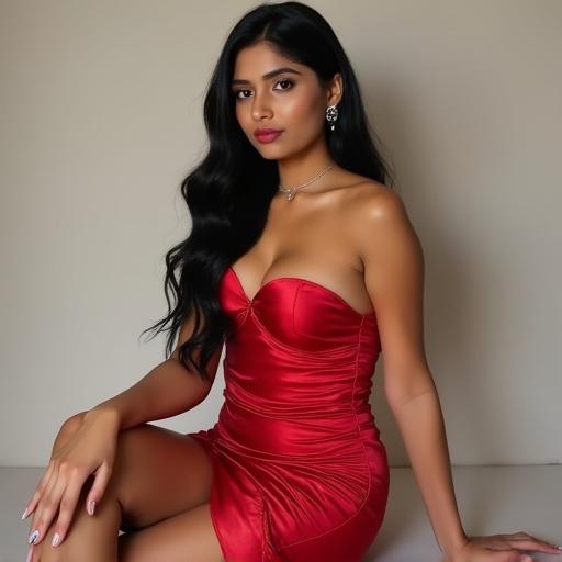 An adult woman wearing a red satin ruched bodycon dress with high slit. She poses confidently while seated, looking directly at the camera. Long black hair flows naturally. Minimal elegant makeup highlights her features. Dress hugs her figure well. Wears silver heels and delicate earrings, exuding boldness.