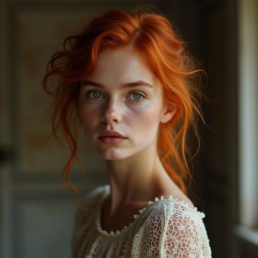 Woman with red hair and freckles standing in a natural environment. The look and feel of softness and beauty are emphasized by natural light and close-up focus.