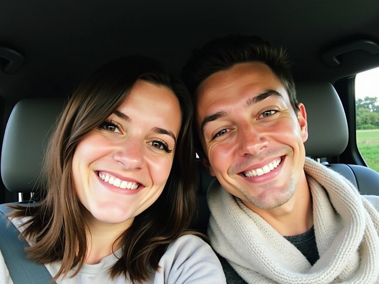 The image shows two people sitting in a car, taking a selfie together. Both individuals are smiling and appear to be enjoying each other’s company. The interior of the vehicle is dimly lit, creating a cozy atmosphere. The person on the left has shoulder-length brown hair, and the person on the right is wearing a light scarf. The background outside the car shows some greenery indicating they are likely in a rural or semi-rural area.