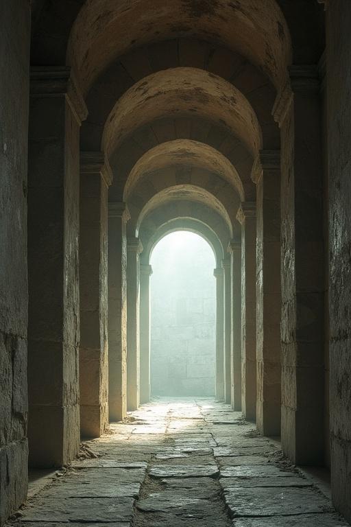 Corridors made of ancient stone exist. Wisdom resides in unsown seeds. Whispers from forgotten times echo. Time is wrapped in a misty haze.