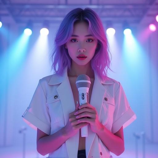 Portrait of a beautiful K-POP female idol. She has pastel violet hair with platinum pink highlights. Elegant confident expression. Holding a white wireless microphone. Surreal 8K resolution image. Dramatic lighting with blue and violet rays.