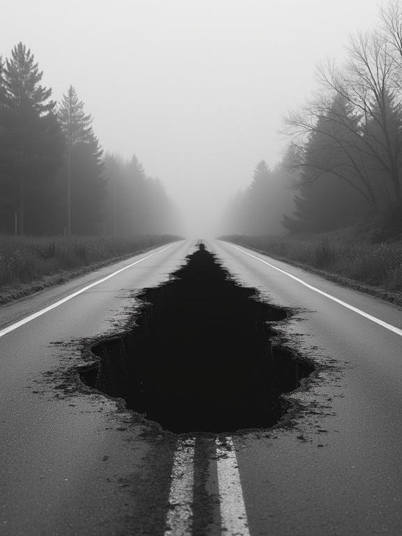 Black-and-white image with a road abruptly ending in a cosmic void. The road fills the frame. A hand-torn negative reveals the void. Mist surrounds the area. Film grain enhances texture.