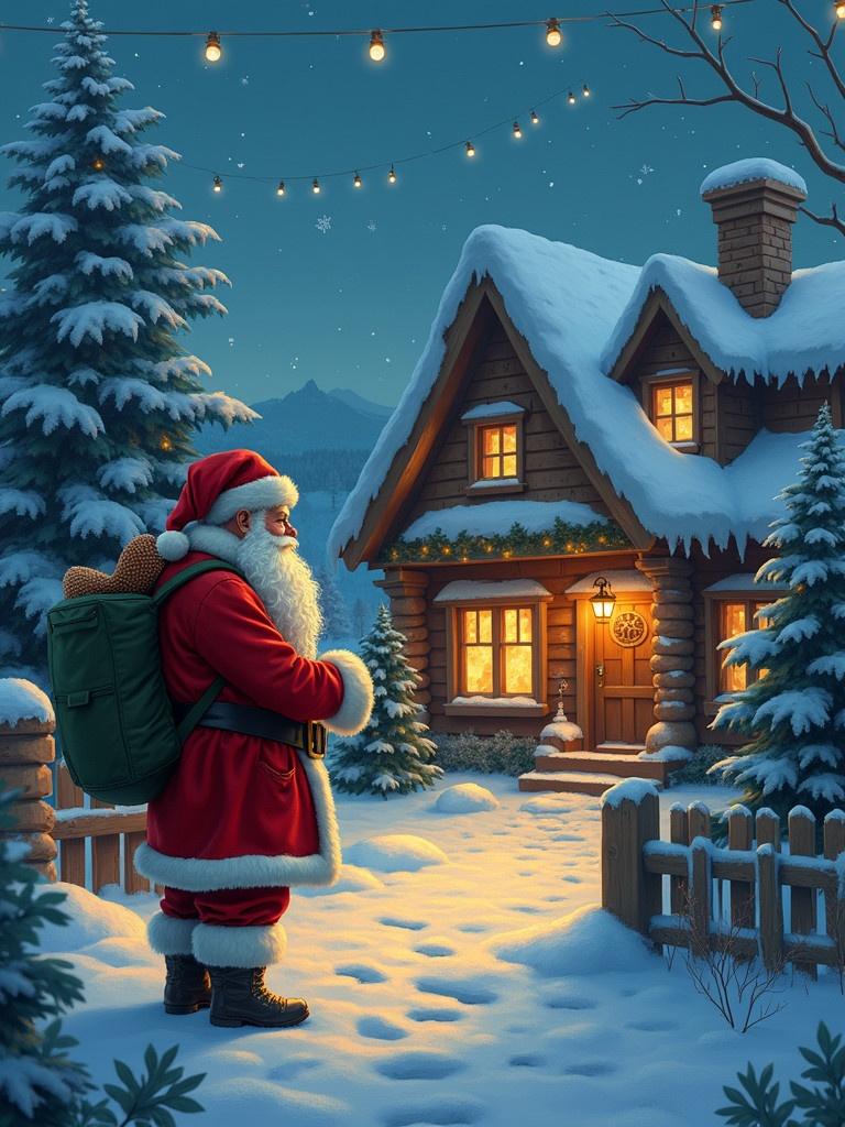 Santa Claus in full red attire stands outside a beautifully decorated wooden house. Snow blankets the ground and trees. The cabin glows warmly from within under the night sky filled with stars. Lights twinkle overhead, creating a magical holiday atmosphere.