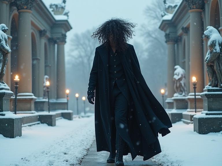 Tall man with long voluminous curly dark hair wears black coat and cape walks with a single candle in snow-covered ruins looking dramatic.