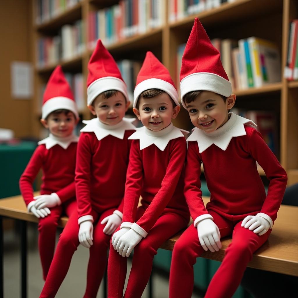 Four children dressed as elves sitting at a table in a school setting. They wear bright red outfits and pointed hats. Background features bookshelves. The scene embodies a festive, cheerful atmosphere.