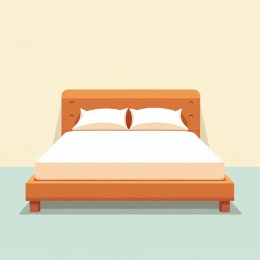 High-quality flat cartoon vector illustration of a bed with clean lines and solid colors. Bed is centered and isolated on a light background in a modern minimalist style. No text outlines or shadows included.