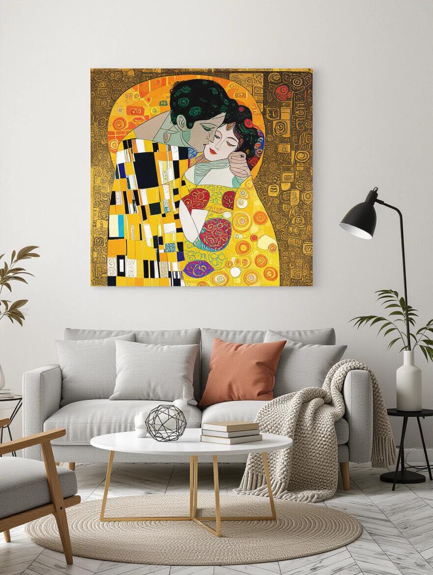 Mixed media artwork featuring a couple in an intimate embrace. The style is vibrant and luxurious with gold tones. Decorative lifestyle setting with modern furniture.