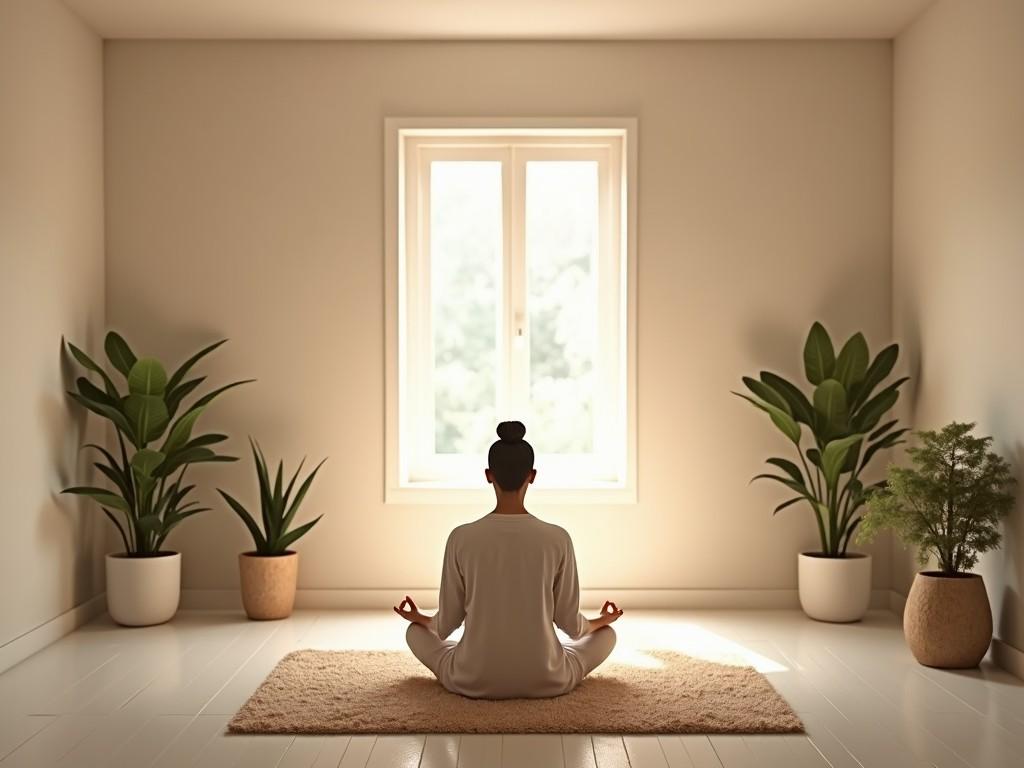 A serene, minimalist room with soft, warm lighting creates a peaceful environment. A person sits cross-legged in meditation, exuding tranquility. Lush green plants flank the space, enhancing the calming ambiance. The soft rug adds comfort to the minimalist decor. An inviting atmosphere encourages mindfulness and relaxation.