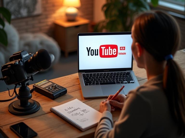 Person sitting at a desk. Laptop open to YouTube Studio. Camera and microphone nearby. Notepad with ideas. Looking focused and motivated.