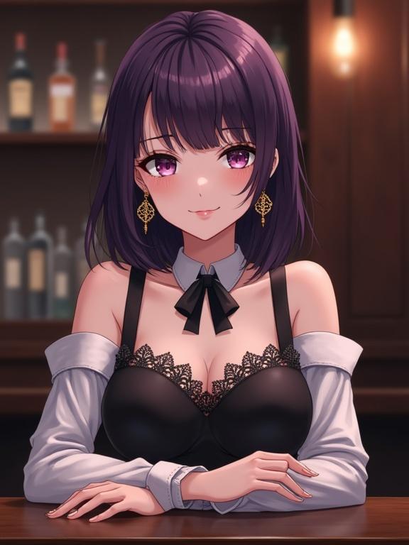A stunning, matured lady with dark violet hair sits at a bar counter. She has a calm expression and sharp features. Hair is a bob with subtle waves and a fringe. A polished wooden bar is behind her. She rests her forearms on the counter. Her outfit has long white off-shoulder sleeves and a dark vest with lace detailing. A small black bow decorates the neckline. She wears antique gold earrings. The setting is cozy and intimate.