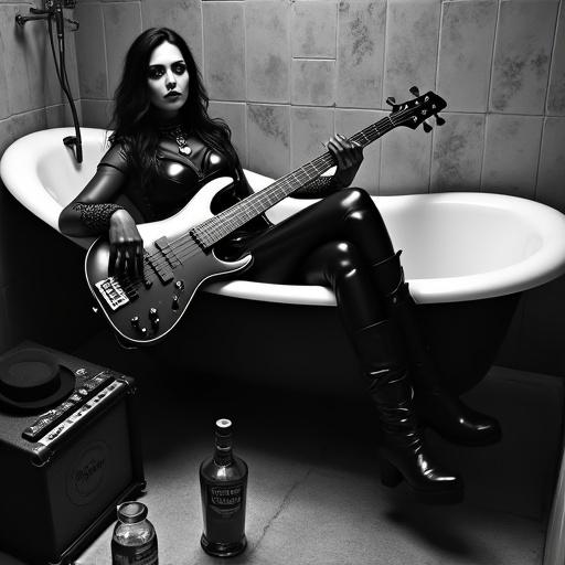 Glamorous female rock musician with electric bass guitar. Wearing dramatic black leather outfit and high-heeled boots. Reclining in vintage bathroom with clawfoot tub. Surrounded by whiskey, glass, amplifier and a hat. Gritty, grunge vibe with dim lighting and tiled walls. Monochrome photography style.