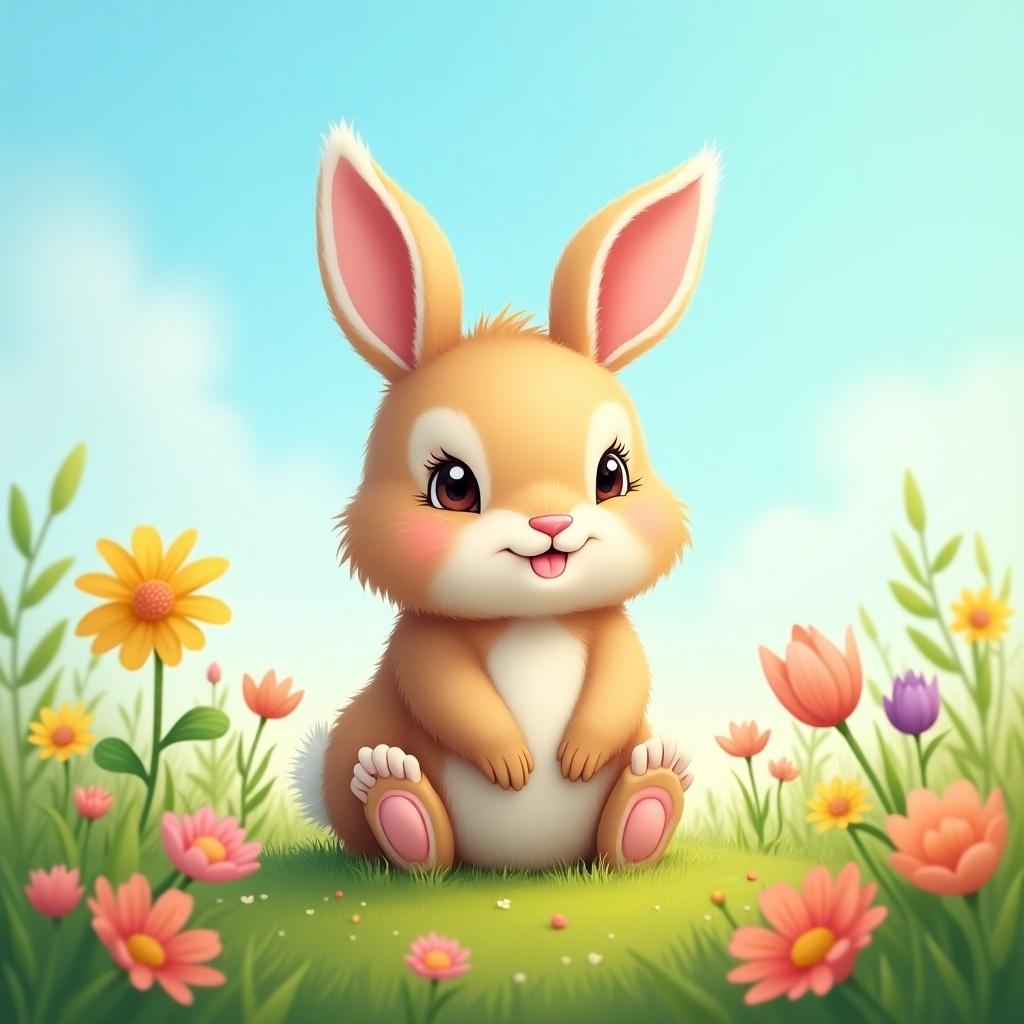 A cute rabbit sitting in a field of colorful flowers. The rabbit has big eyes and a fluffy appearance. The background features a bright blue sky with soft clouds and vibrant flowers around the rabbit.