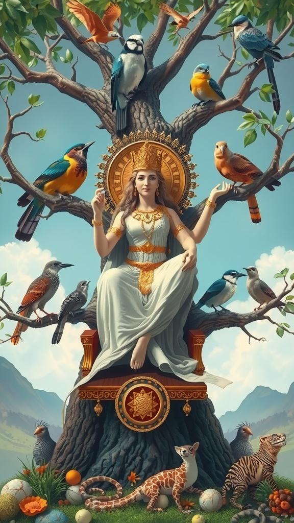 A goddess-like figure sits in a tree throne surrounded by colorful birds and playful animals in a serene landscape.