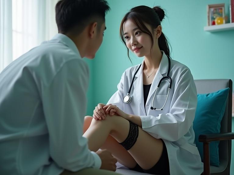 ultra low angle shot of petite Chinese female doctor in transparent white coat sitting on chair consulting with male patient. She has stethoscope on. Wearing black undies and lace stocking. Hair is tied back and wet. Gentle light enhances atmosphere. Full body in frame focusing on leg.