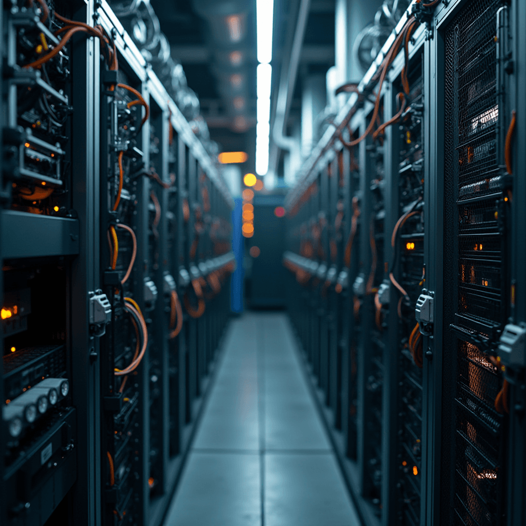 A dimly lit data center with rows of servers and glowing lights.