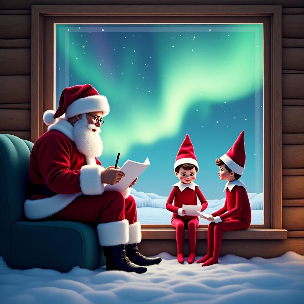 Santa Claus and two elves in a cozy cabin by a window. They are writing notes. Outside, colorful northern lights are visible. Snow covers the ground, reflecting colors. The scene is festive and magical.