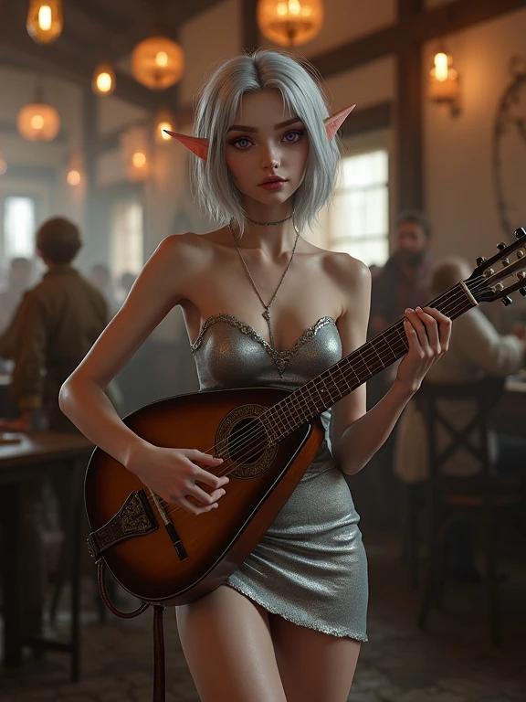 Photorealistic depiction of a beautiful young elf woman performing in a medieval tavern. She has smooth pale skin and silver short hair. She wears a strapless silver dress. Her expression is focused as she plays a lute. The tavern is lively with patrons in the background. The setting features warm lighting and rustic décor.
