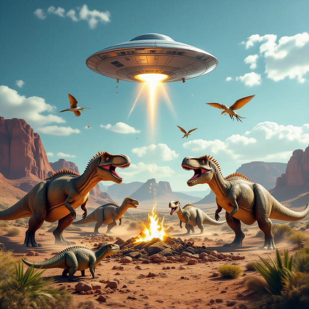 High definition image of a prehistoric scene featuring several dinosaurs with a UFO crashed on the ground.