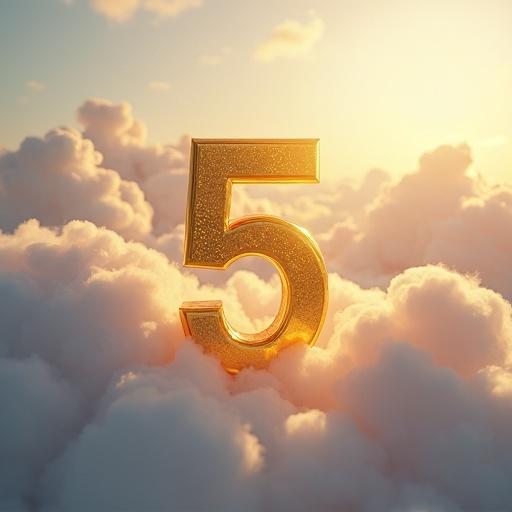 Golden number five floating in fluffy white clouds during sunset