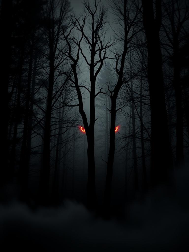 In a dark, mysterious forest, glowing red eyes peer through the dense, leafless trees, creating an eerie and haunting atmosphere. The mist swirling at the base of the trees enhances the sense of unease and foreboding. This image evokes feelings of suspense and the unknown, making the viewer wonder what lies beyond those forest shadows.