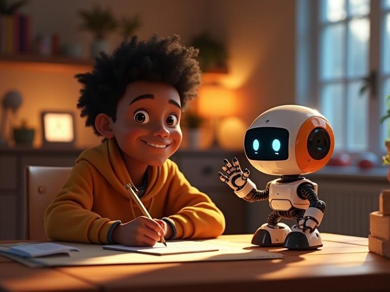 Omar in a cozy high-tech room. Smiling with a friendly robot built by him. Robot waves. Writing in a notebook. Warm lighting creates a hopeful atmosphere. Pixar-inspired.