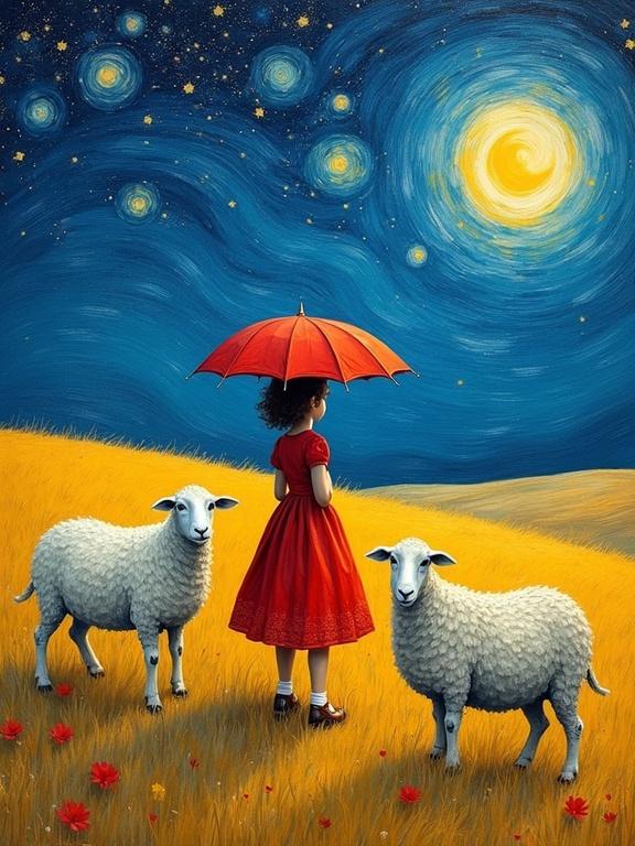 A girl in a vibrant red dress holds an umbrella standing next to two sheep. Background shows a starry sky with bright stars and stylized brush strokes reminiscent of Van Gogh. The landscape features yellow grass and a blue night sky.