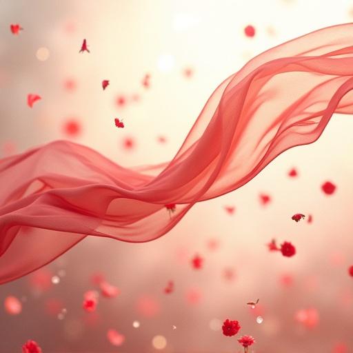 A silky scarf gently rises from the ground while small red damask roses fall like delicate petals. The scarf moves gracefully against a bright, ethereal background.
