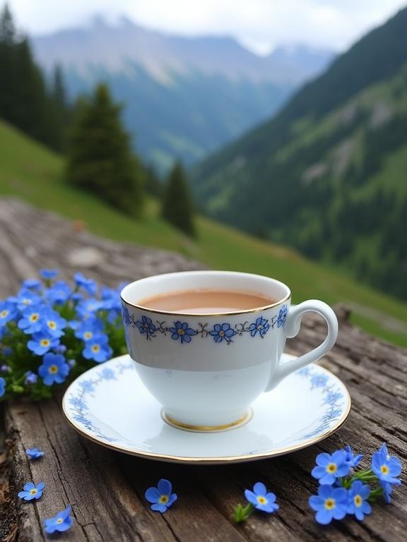 Teacup on a saucer. Blue floral pattern. Tea or coffee inside. Placed on wooden surface. Surrounded by blue flowers. Mountain landscape background. Natural light and inviting atmosphere.