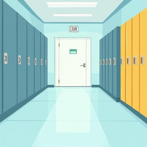 Flat design illustration showing a first-person view of a high-school corridor. Corridor features lockers on both sides. Background is bright with pastel colors. Main colors are soft blue and yellow. Image shows a door at the end of the corridor. Setting reflects exam day atmosphere. No text is present.