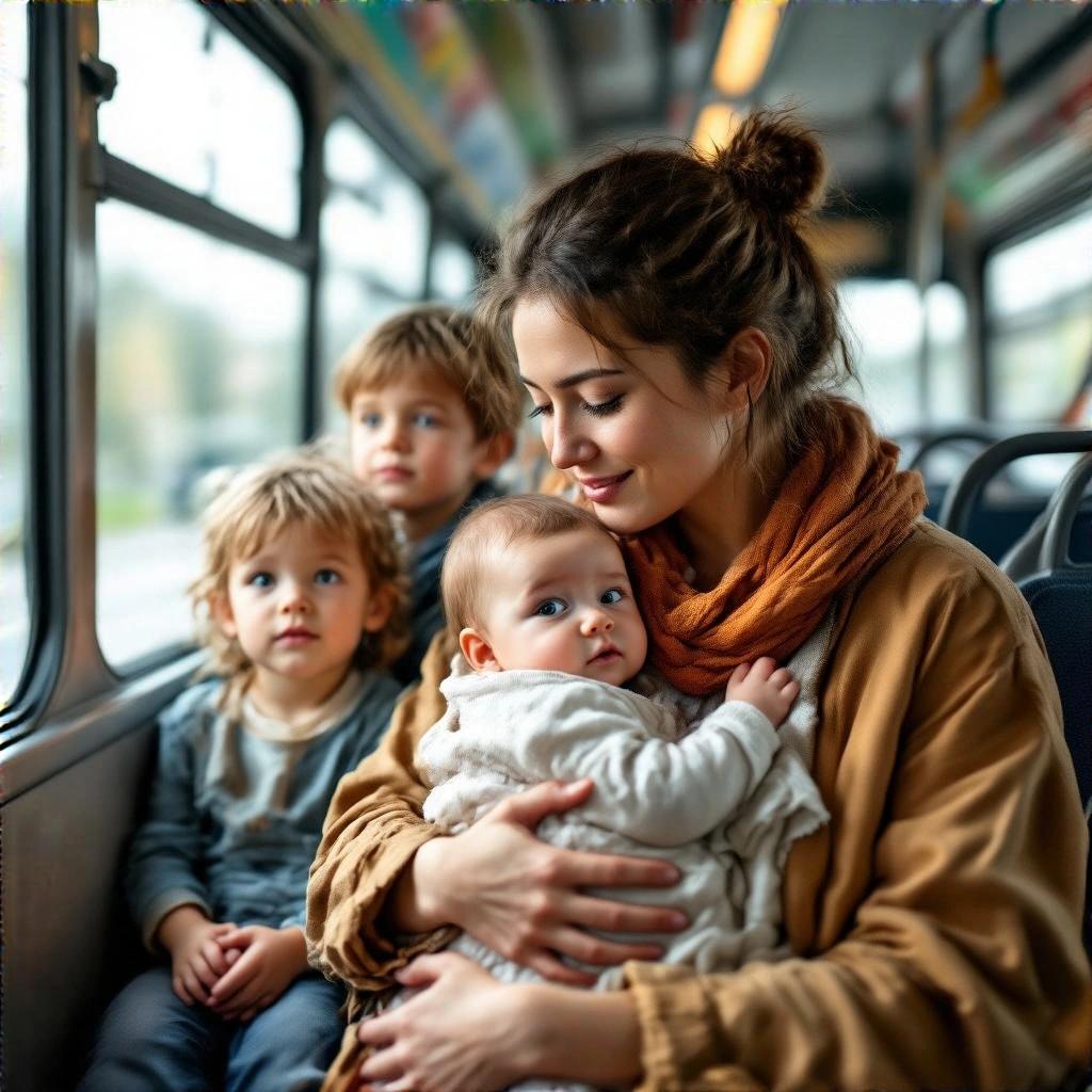 A woman holds a baby while sitting on a bus. Two children sit beside her. The environment shows a typical bus interior. Natural light coming in through the windows. Warm colors dominate the scene.