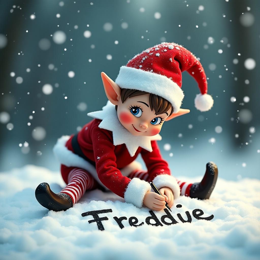 A festive Christmas scene featuring a cheerful elf named Freddie. The elf is busy writing his name 'Freddie' in the fresh, white snow. He wears a classic red outfit with a jolly hat, showcasing a playful expression. Snowflakes softly fall around him, creating a magical atmosphere. The environment is serene and captures the essence of a winter wonderland. This image is perfect for holiday-themed content and celebrations.