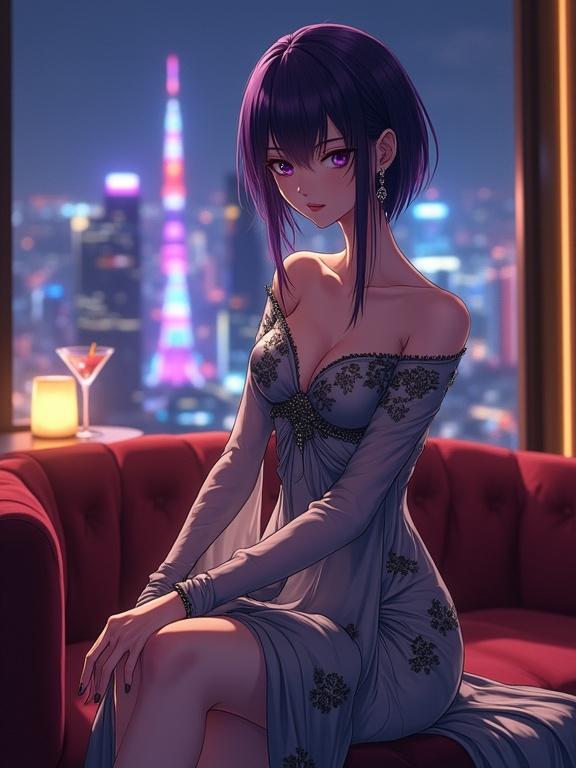 A breathtaking woman sits gracefully on a sofa. She faces forward in front of a floor-to-ceiling window. Her appearance is inspired by a popular anime character. The woman has sharp, expressive violet eyes and long violet hair. She wears an off-shoulder shiny silver gown. The gown is embroidered with black floral patterns. Silver sheer sleeves add elegance. A gold cocktail sits on the nearby bar counter. The city skyline glows against the night sky. The image features a semi-anime aesthetic and romantic atmosphere with rich textures and lighting.