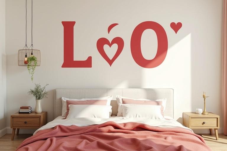 Bedroom with a large wall displaying the letters L and O along with a heart. A bed with soft pink bedding and wooden bedside tables. Natural light fills the room.