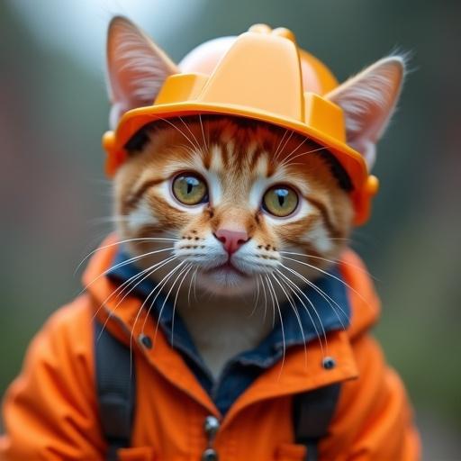 A cute cat wearing a bright orange worker's outfit and helmet. Cat has wide eyes and a playful expression.