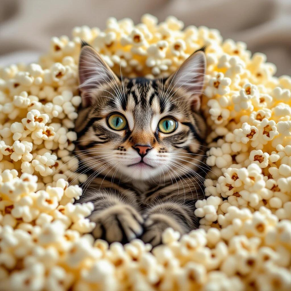 Cute kitten wrapped in fluffy popcorn. Kitten with bright blue eyes. Soft lighting enhances the playful atmosphere.