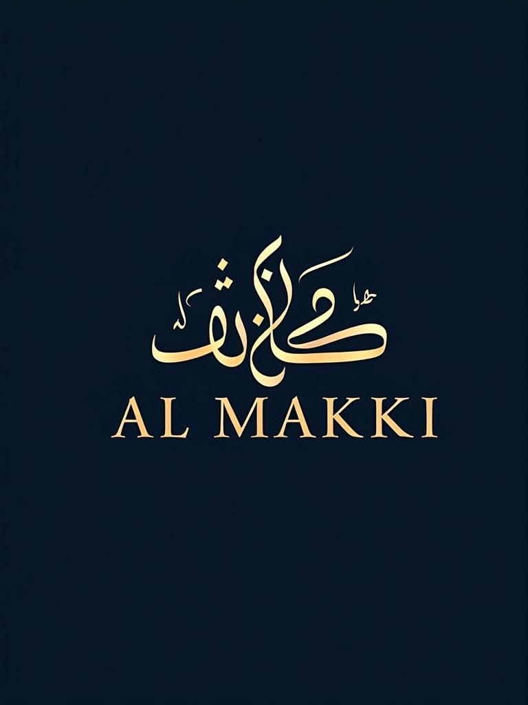 Calligraphy logo design. Name 'AL MAKKI' in Arabic script. Harmonious curved shape. Intricate details. Gold, silver, and dark blue colors. Designed for business cards and digital media.