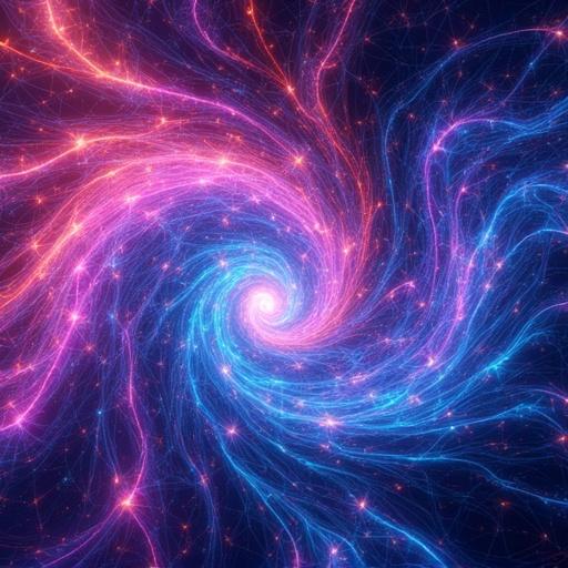 Vibrant digital artwork showcases swirling fractal patterns. Colors include electric blue hot pink bright purple. Abstract geometric shapes blend with fluid gradients. Composition conveys dynamic motion. Glitch textures enhance smooth organic forms.