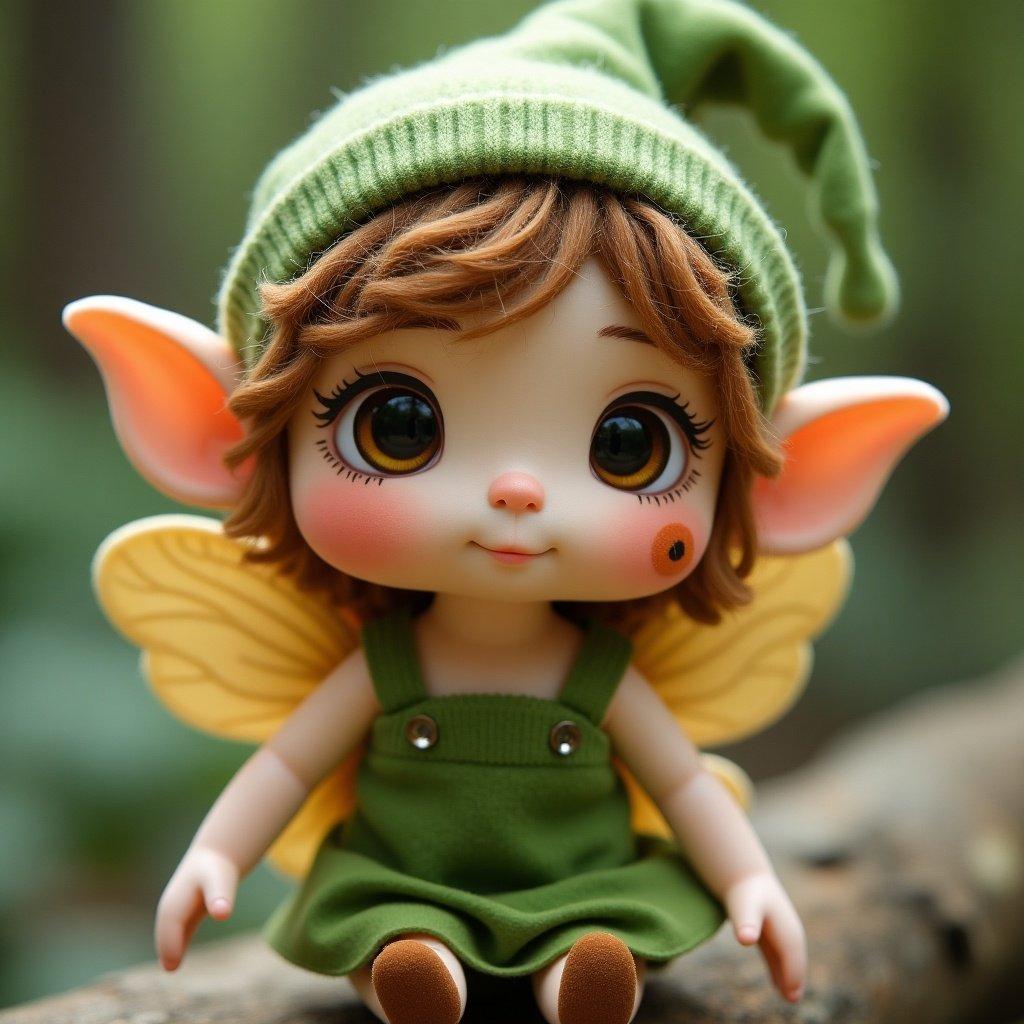 Create a cute fairy plushie with brown eyes. Dress in green clothing and accessories. Include a mole on the right cheek. The plushie features brown hair and pointed ears, with butterfly wings behind.