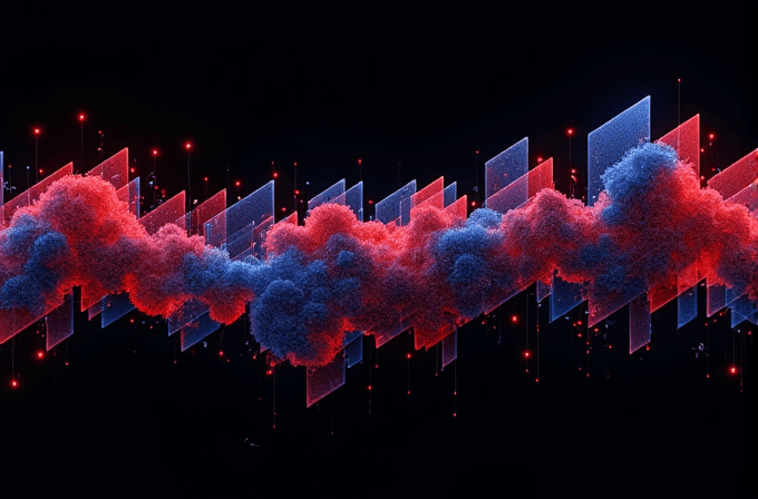 The image shows a digital, abstract wave blending red and blue colors, surrounded by geometric shapes and glowing points.