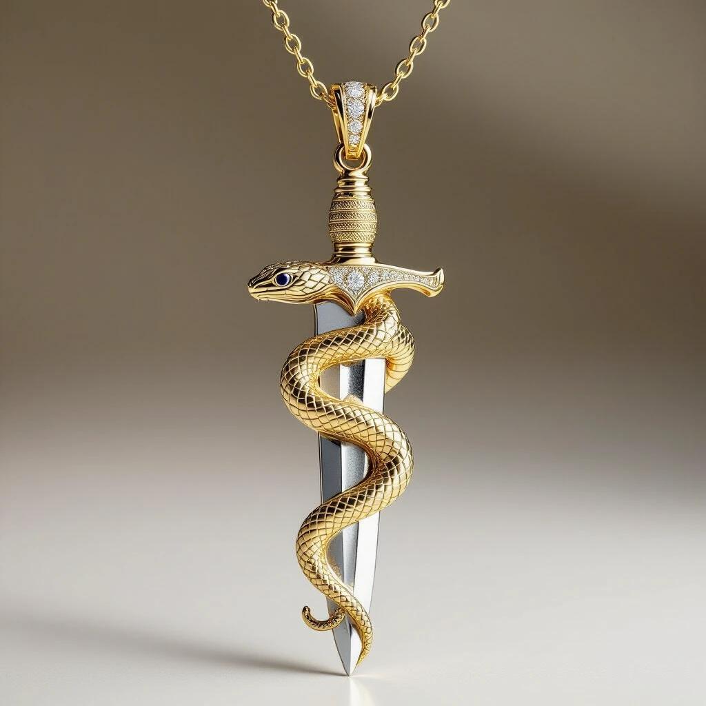 Create photorealistic image of gold pendant jewelry with snake coiling around blade of dagger. Dagger held upright suspending from chain by ring at top of hilt. Front view displaying gold color with silver blade and diamonds on snake head and hilt.