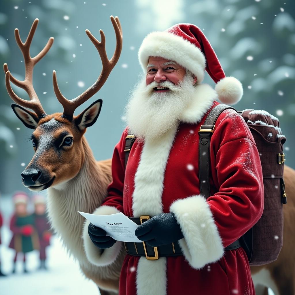 A depiction of Santa Claus and a reindeer in a snowy environment. Santa wears a red suit with fur trim and holds a list. The reindeer is named Harlow, showcasing its antlers. Soft snowfall creates a winter atmosphere, with elves in the background.