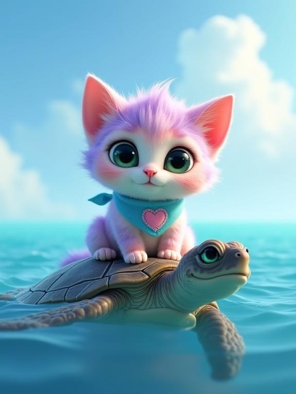 Fluffy anthropomorphic kitten with pink and lavender fur. Creamy white belly. Large green eyes. Oversized head and soft features. Tiny paws and perky ears. Light blue bandana with pink heart. Sitting on large sea turtle in calm ocean. Partly cloudy sky. Bright daylight. Hopeful and adventurous vibe.